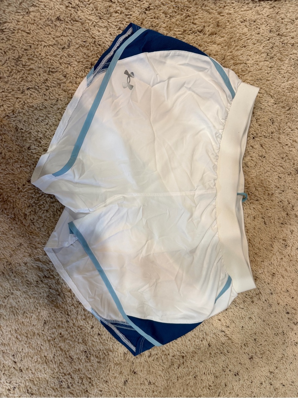 Under Armour Womens White Athletic Shorts with Blue Trim